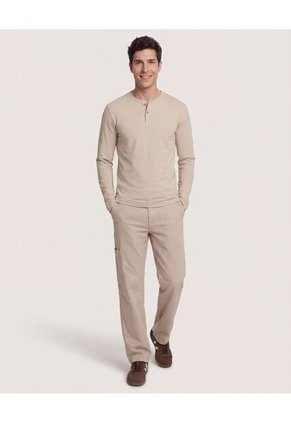 Camiseta  Para Hombre Manga Larga Cuello Henley Color Avena Marca Ostu #60091892