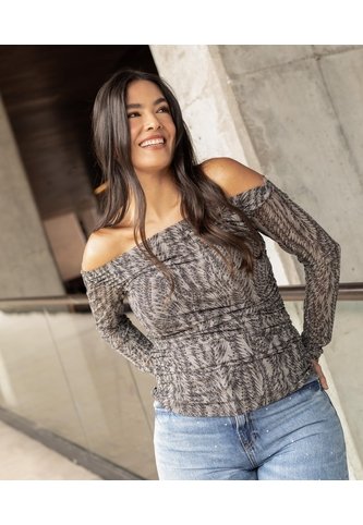 Camiseta Mesh Off Shoulder  Para Mujer Negro Ostu Ostu