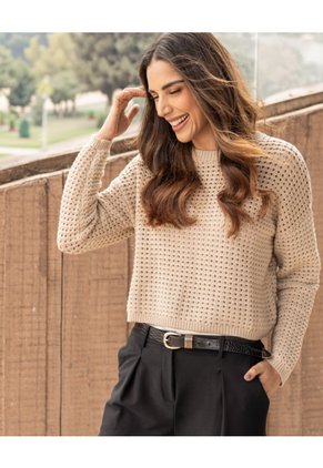 Saco Tejido Calado Cuello Redondo  Para Mujer Beige Ostu