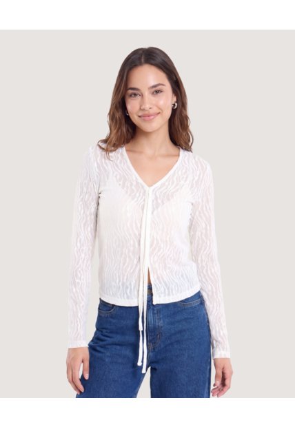 Camiseta Mesh Lace Up  Para Mujer Crema Ostu