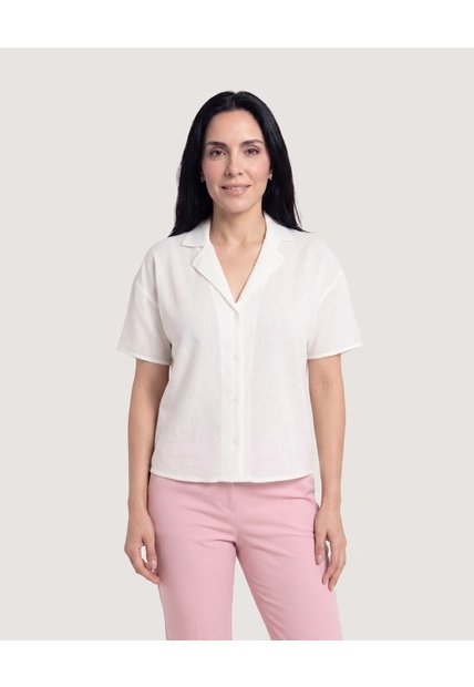 Camisa Manga Corta Cuello Solapa  Para Mujer Blanco Ostu
