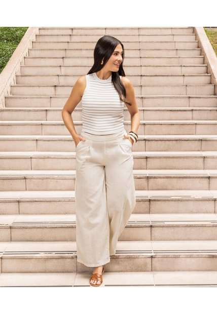 Pantalón Bota Ancha Estampado  Para Mujer Marfil Ostu