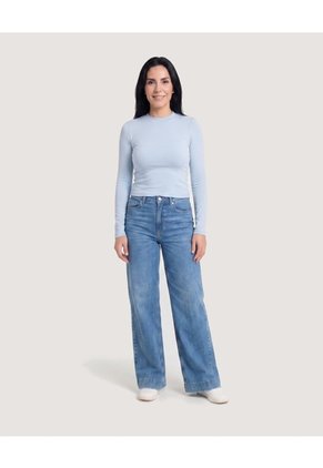 Camiseta Crop Manga Larga Para Mujer Azul Ostu