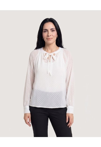Blusa Con Lazo Manga Larga  Para Mujer Blanco Ostu