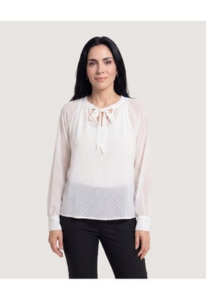Blusa Con Lazo Manga Larga Para Mujer Blanco Ostu