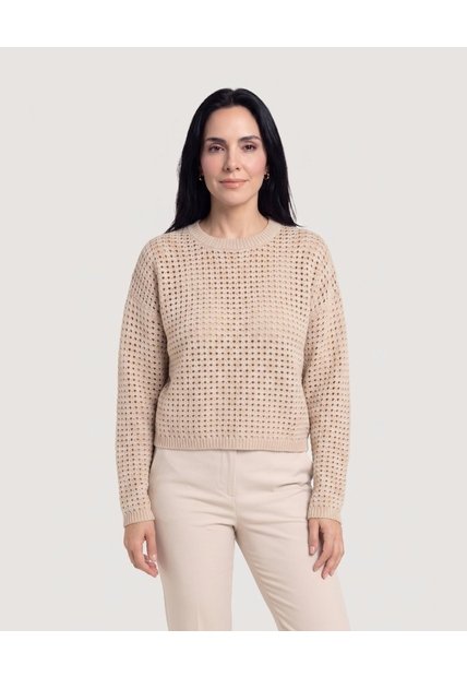 Saco Tejido Calado Cuello Redondo  Para Mujer Beige Ostu
