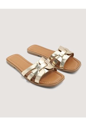 Sandalias Planas Metalizadas Para Mujer Beige Ostu