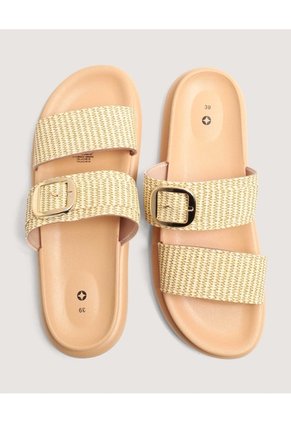 Sandalias Doble Tira Texturizada  Para Mujer Beige Ostu