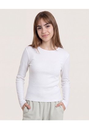 Camiseta Acanalada Manga Larga Para Niña Infantil Niña Crema Ostu