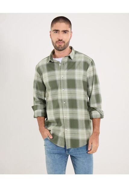 Camisa  Para Hombre Manga Larga Sin Bolsillo Cuello Casual M Color Verde Marca Ostu #60010872