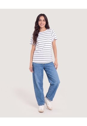 Camiseta Rayas Manga Amplia  Para Mujer Azul Ostu