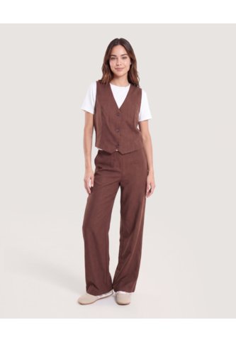 Pantalón Wide Leg Con Pinzas  Para Mujer Café Ostu Ostu