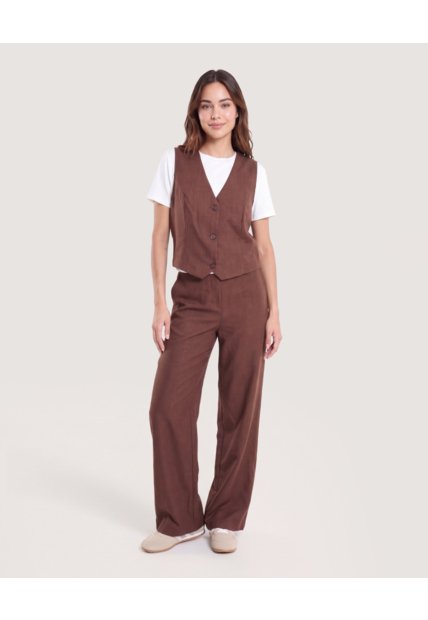 Pantalón Wide Leg Con Pinzas  Para Mujer Café Ostu