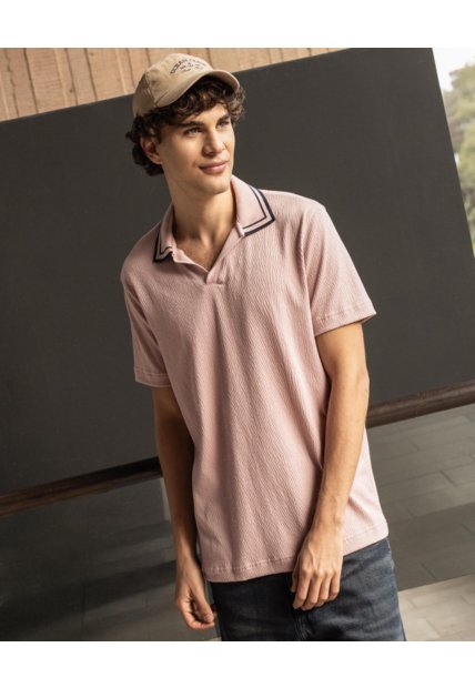 Polo Texturizado Cuello Contraste  Para Hombre Rosa Ostu