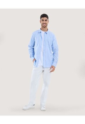 Camisa Para Hombre Manga Larga Con Bolsillo Cuello Casual M Color Azul Marca Ostu #60010825