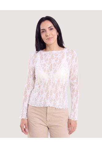 Camiseta Encaje Floral Transparente  Para Mujer Crema Ostu Ostu