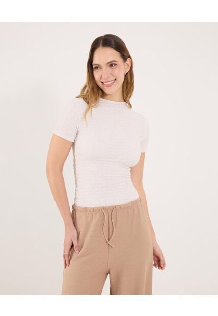 Camiseta Para Mujer Manga Corta Cuello Alto Color Beige Marca Ostu #40092621