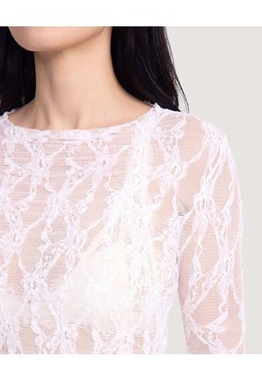 Camiseta Encaje Floral Transparente  Para Mujer Crema Ostu
