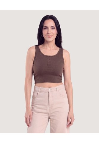 Camiseta Cropped En Rib Con Botones  Para Mujer Café Ostu Ostu