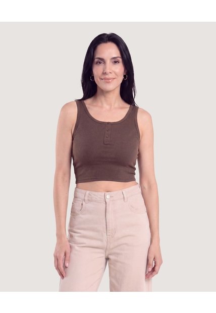 Camiseta Cropped En Rib Con Botones  Para Mujer Café Ostu