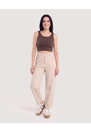 Camiseta Cropped En Rib Con Botones  Para Mujer Café Ostu