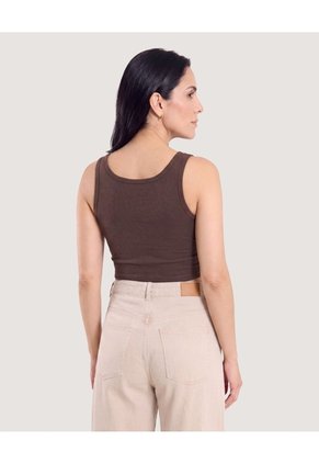 Camiseta Cropped En Rib Con Botones  Para Mujer Café Ostu
