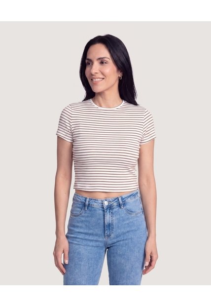 Camiseta Crop A Rayas  Para Mujer Café Ostu
