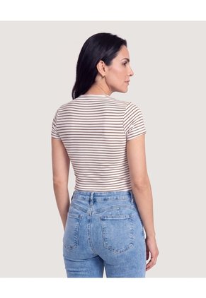 Camiseta Crop A Rayas Para Mujer Café Ostu