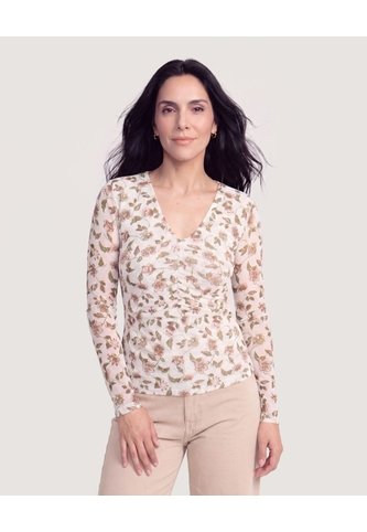 Camiseta Encaje Floral Transparente  Para Mujer Beige Ostu Ostu