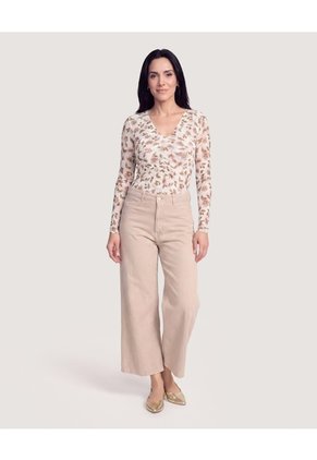 Camiseta Encaje Floral Transparente  Para Mujer Beige Ostu
