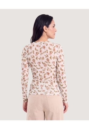 Camiseta Encaje Floral Transparente  Para Mujer Beige Ostu