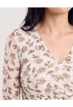 Camiseta Encaje Floral Transparente  Para Mujer Beige Ostu