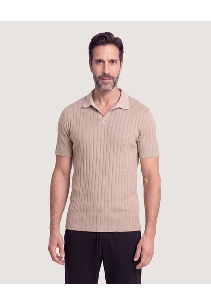 Polo Tricot Cuello Abierto  Para Hombre Beige Ostu