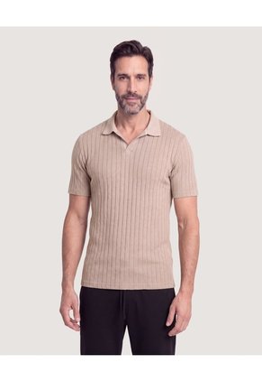 Polo Tricot Cuello Abierto Para Hombre Beige Ostu