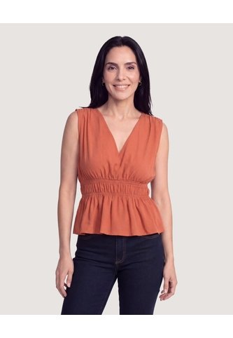 Blusa Escote V Fluida  Para Mujer Terracota Ostu Ostu