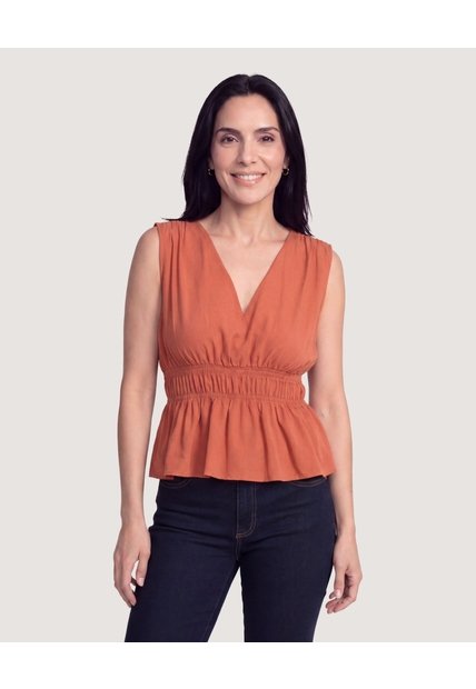 Blusa Escote V Fluida  Para Mujer Terracota Ostu