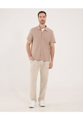 Camisa Para Hombre Manga Corta Sin Bolsillo Cuello Casual M Color Beige Marca Ostu #60010886