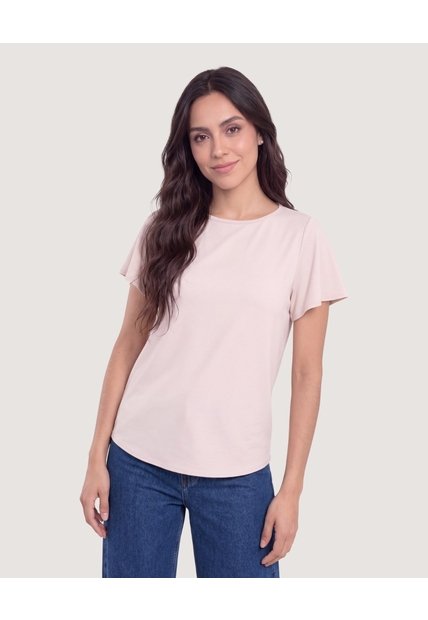 Camiseta Manga Corta Con Vuelos  Para Mujer Beige Ostu