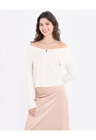 Saco Off Shoulder Con Cierre Frontal  Para Mujer Crema Ostu Ostu