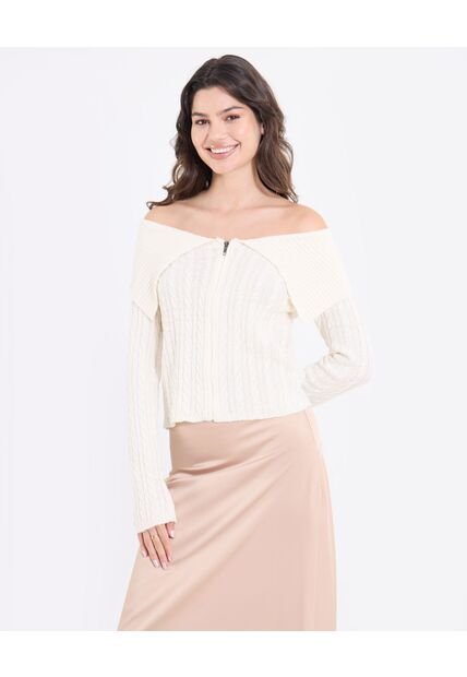 Saco Off Shoulder Con Cierre Frontal  Para Mujer Crema Ostu