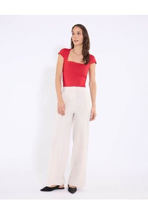 Camiseta Escote Cuadrado Ajustada Para Mujer Rojo Ostu