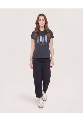 Camiseta Slim Con Estampado Vertical Para Mujer Negro Ostu
