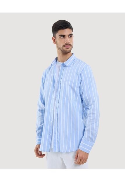 Camisa Para Hombre Manga Larga Con Bolsillo Cuello Casual M Color Azul Marca Ostu #60010825