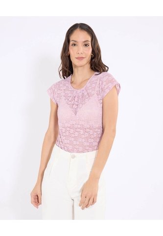 Camiseta Manga Casquillo En Encaje  Para Mujer Rosa Ostu Ostu