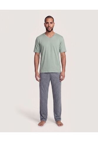 Pijama Cuello V Con Pantalón Estampado  Para Hombre Negro Ostu Ostu