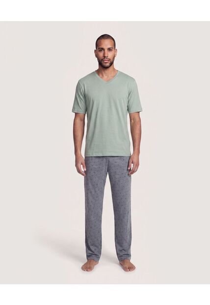 Pijama Cuello V Con Pantalón Estampado  Para Hombre Negro Ostu
