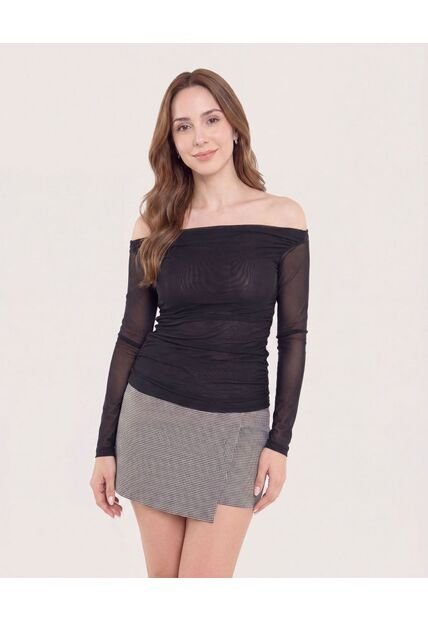 Camiseta Off Shoulder Transparente  Para Mujer Negro Ostu
