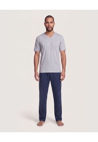 Pijama Cuello V Con Pantalón Estampado  Para Hombre Azul Ostu Ostu