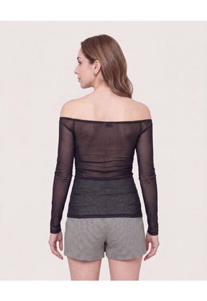 Camiseta Off Shoulder Transparente  Para Mujer Negro Ostu
