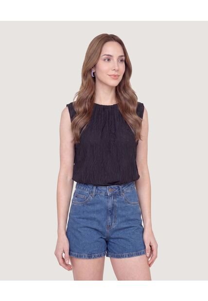 Camiseta Con Textura Recogida  Para Mujer Negro Ostu